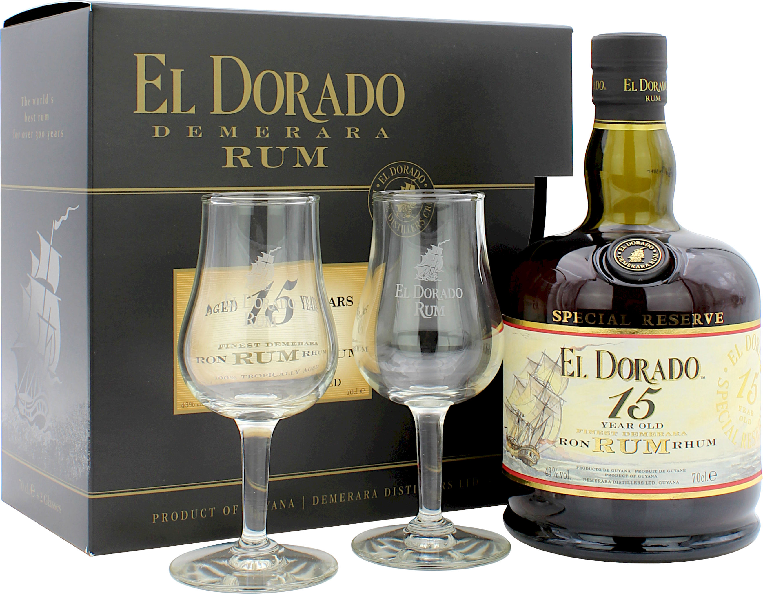 El Dorado Rum 15 Jahre Geschenkset mit 2 Gläsern 43% 0,7l