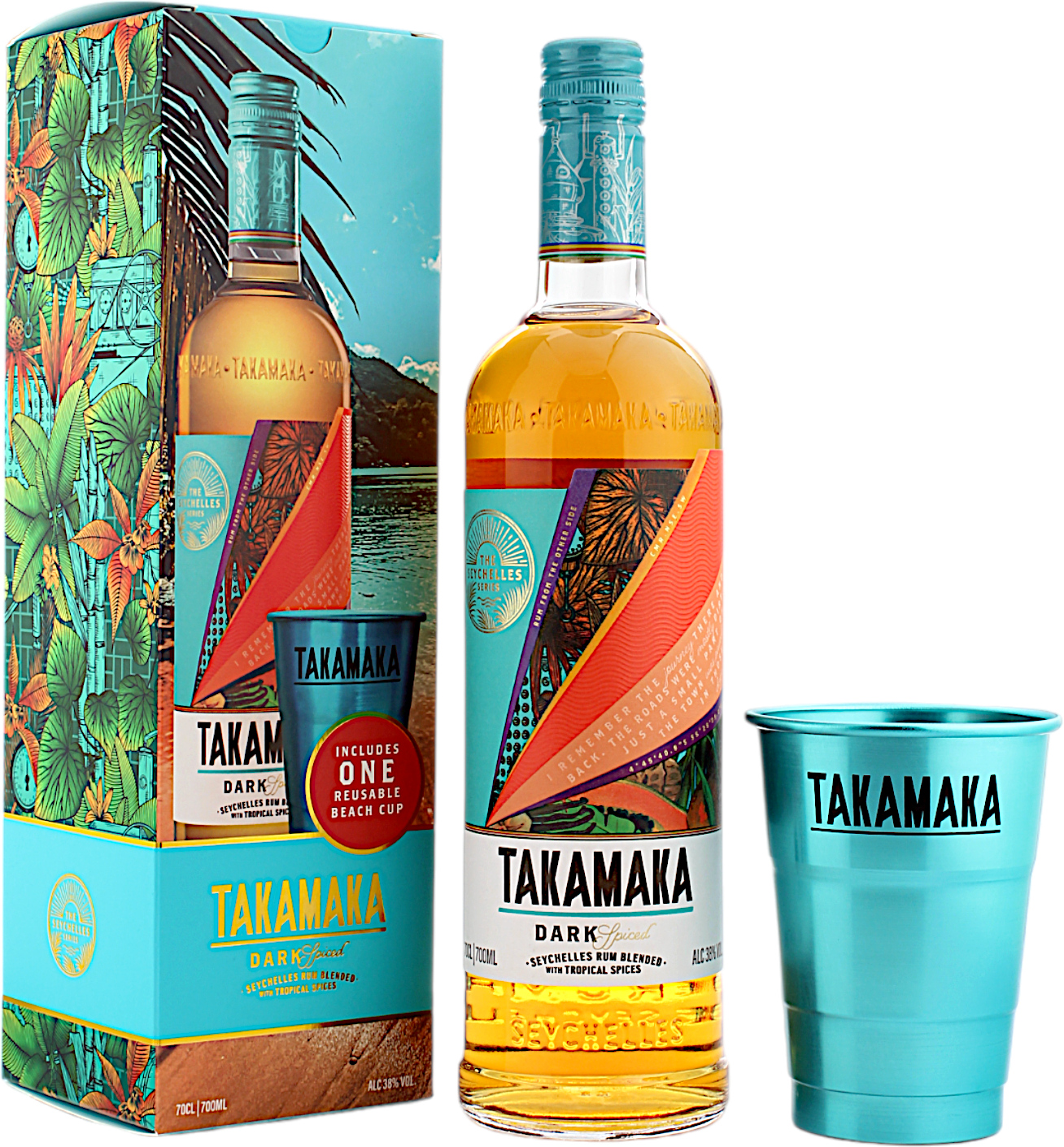 Takamaka Dark Spiced Rum Geschenkset mit Beach Cup 38.0% 0,7l