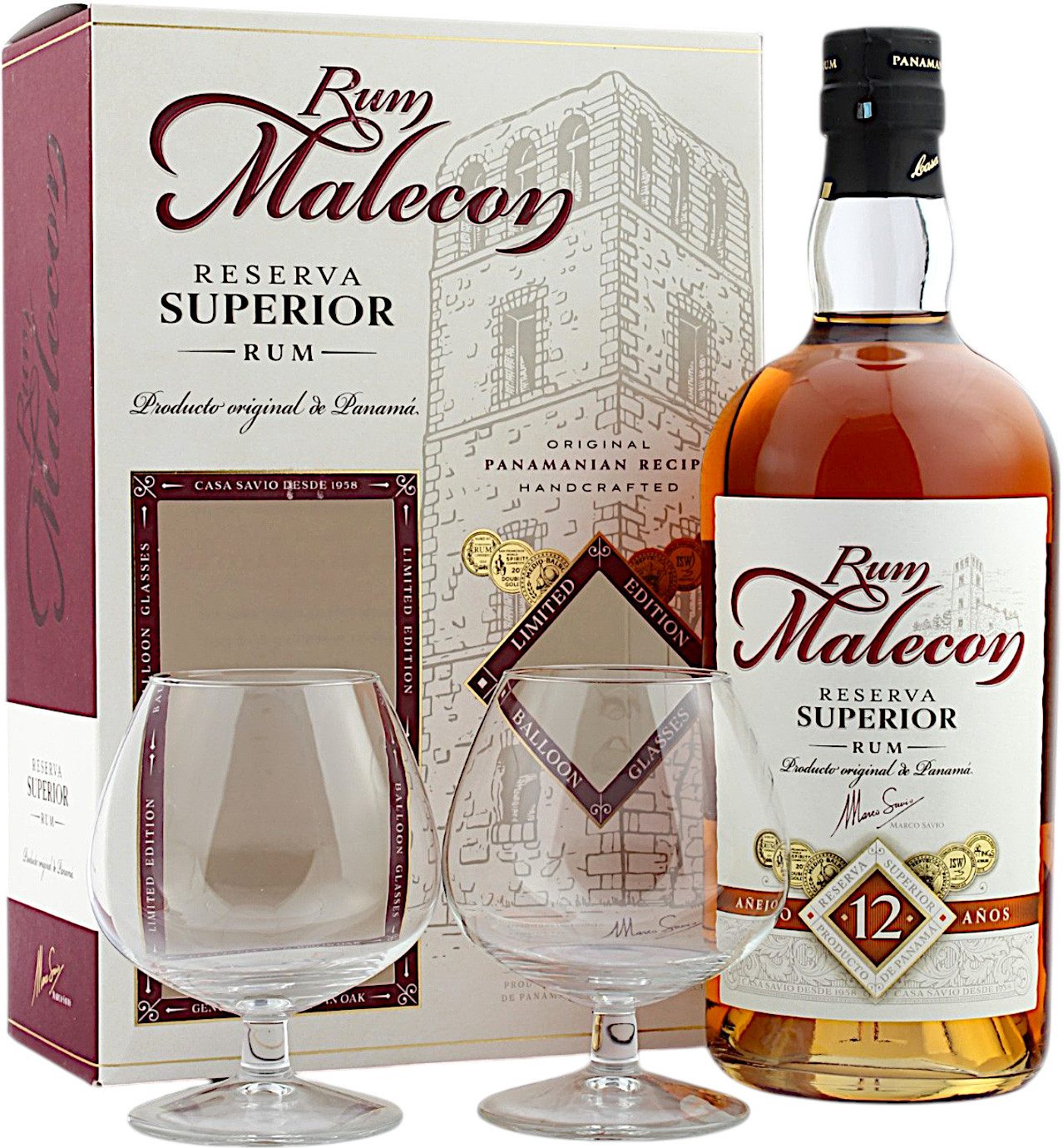 Malecon Reserva Superior Rum 12 Jahre Geschenkset mit 2 Gläser 40.0% 0,7l