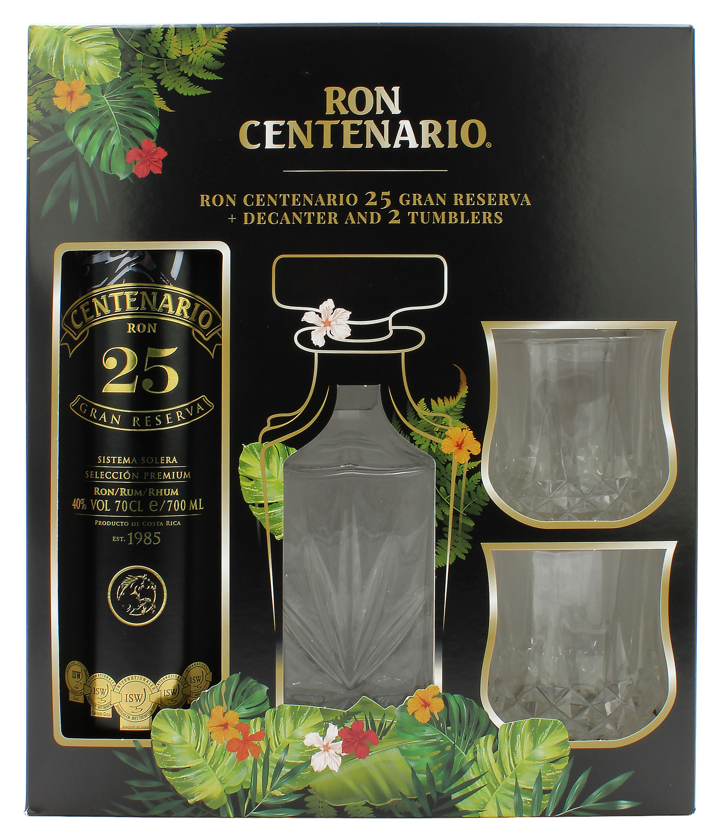 Ron Centenario Gran Reserva 25 Jahre Geschenkset mit Dekanter und 2 Tumblern 40.0% 0,7l