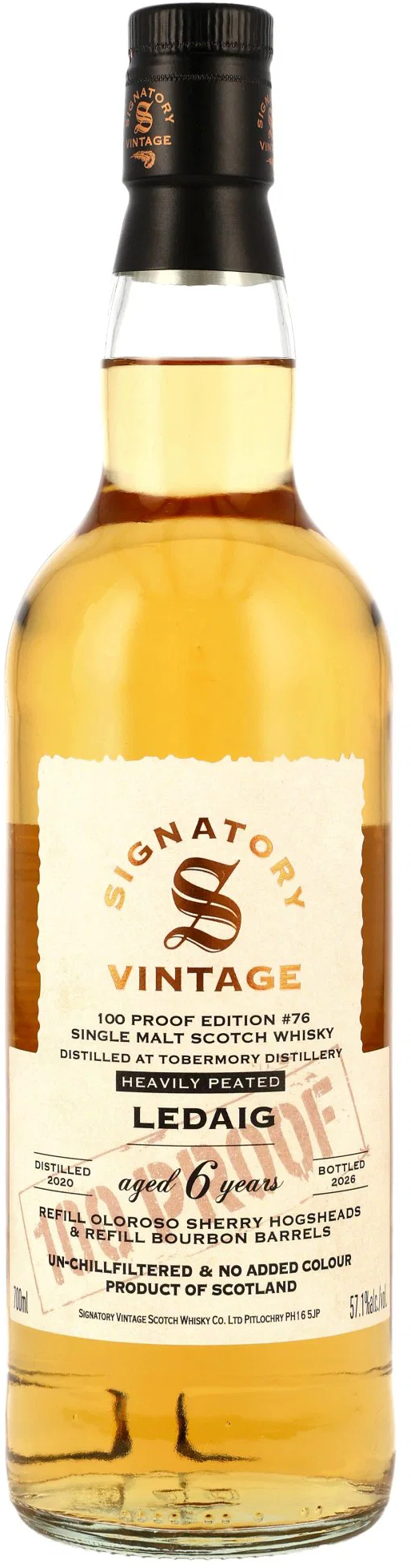 Ledaig 6 Jahre 2020/2026 Refill Oloroso Sherry & Bourbon Casks Signatory 100 PROOF Edition #76 57.1% 0,7l