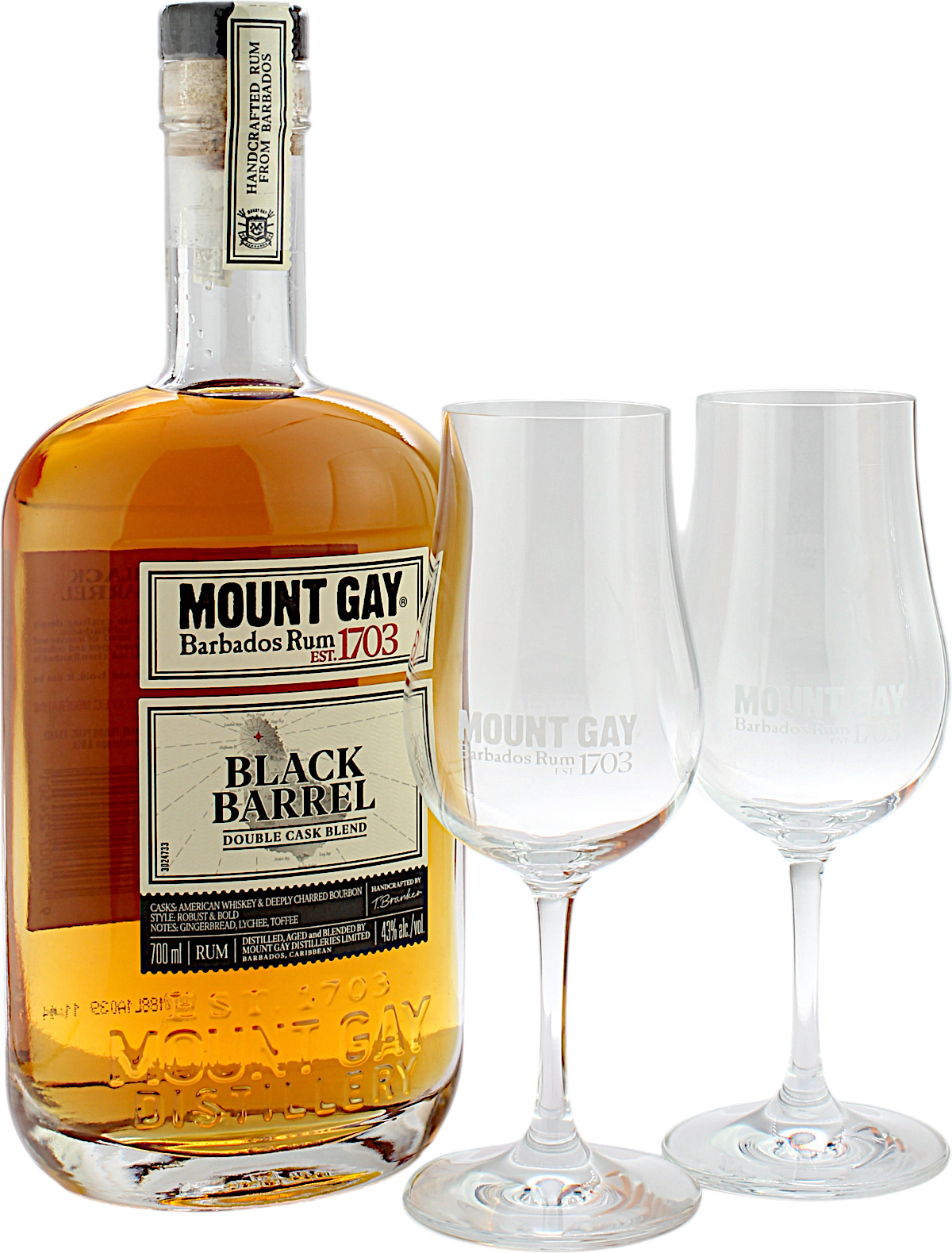 Mount Gay Black Barrel Double Cask Rum Set mit 2 Gläser Gratis 43.0% 0,7l