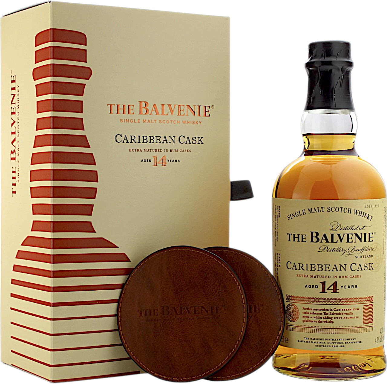 Balvenie Caribbean Cask 14 Jahre Geschenkset mit 2 Untersetzern 43.0% 0,7l