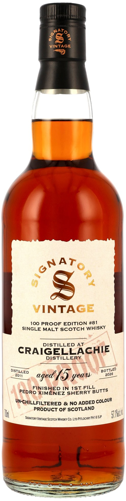 Craigellachie 15 Jahre 2011/2026 1st Fill PX Sherry Butts Finish Signatory 100 Proof Edition #81 57.1% 0,7l