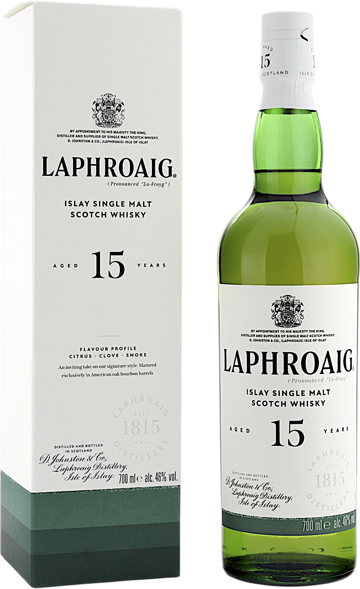 Laphroaig 15 Jahre 2026 Islay Single Malt Scotch Whisky mit 46,0 % Vol. 15 Jahre in Ex-Bourbonfässern gereift mit typischem Torfrauch, Zitrusfrüchten, Vanille, maritimen Noten und feiner Eichenwürze.