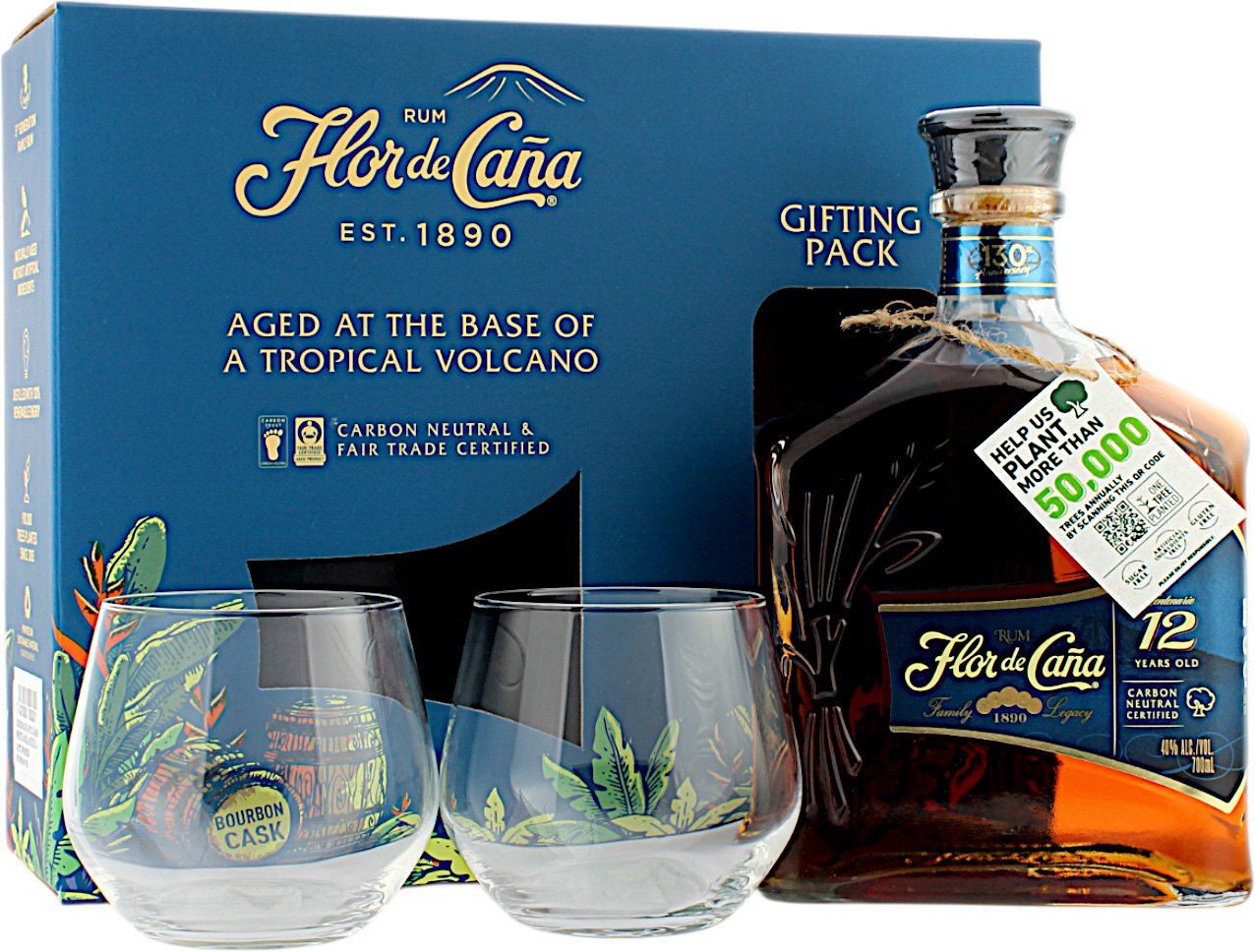Flor de Cana 12 Jahre Centenario Gold Rum Geschenkset mit 2 Gläsern 40.0% 0,7l