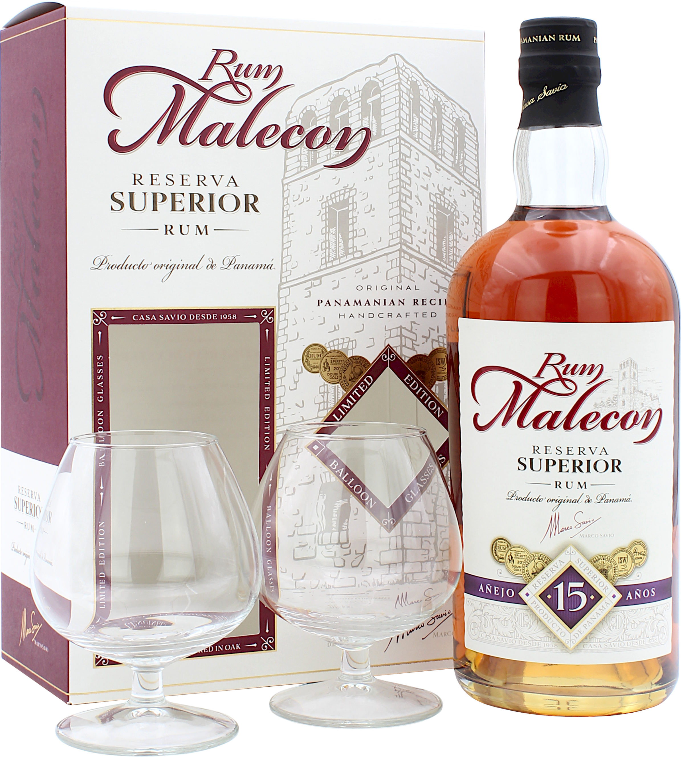 Malecon Reserva Superior Rum 15 Jahre Geschenkset mit 2 Gläsern 40.0% 0,7l