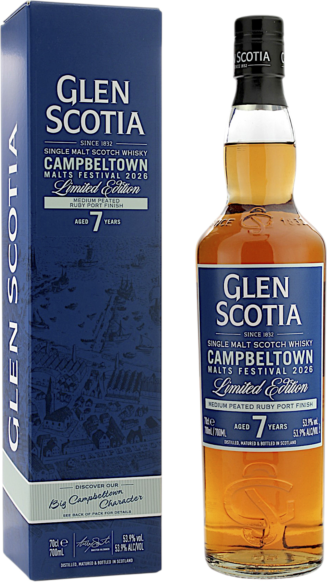 Glen Scotia 7 Jahre Medium Peated Ruby Port Cask Finish Campbeltown Malts Festival 2026 Single Malt Scotch Whisky aus Campbeltown mit 53,9 % Vol. Medium Peated, veredelt mit Ruby Port Cask Finish, mit Aromen von Torfrauch, roten Beeren, dunklen Früchten,