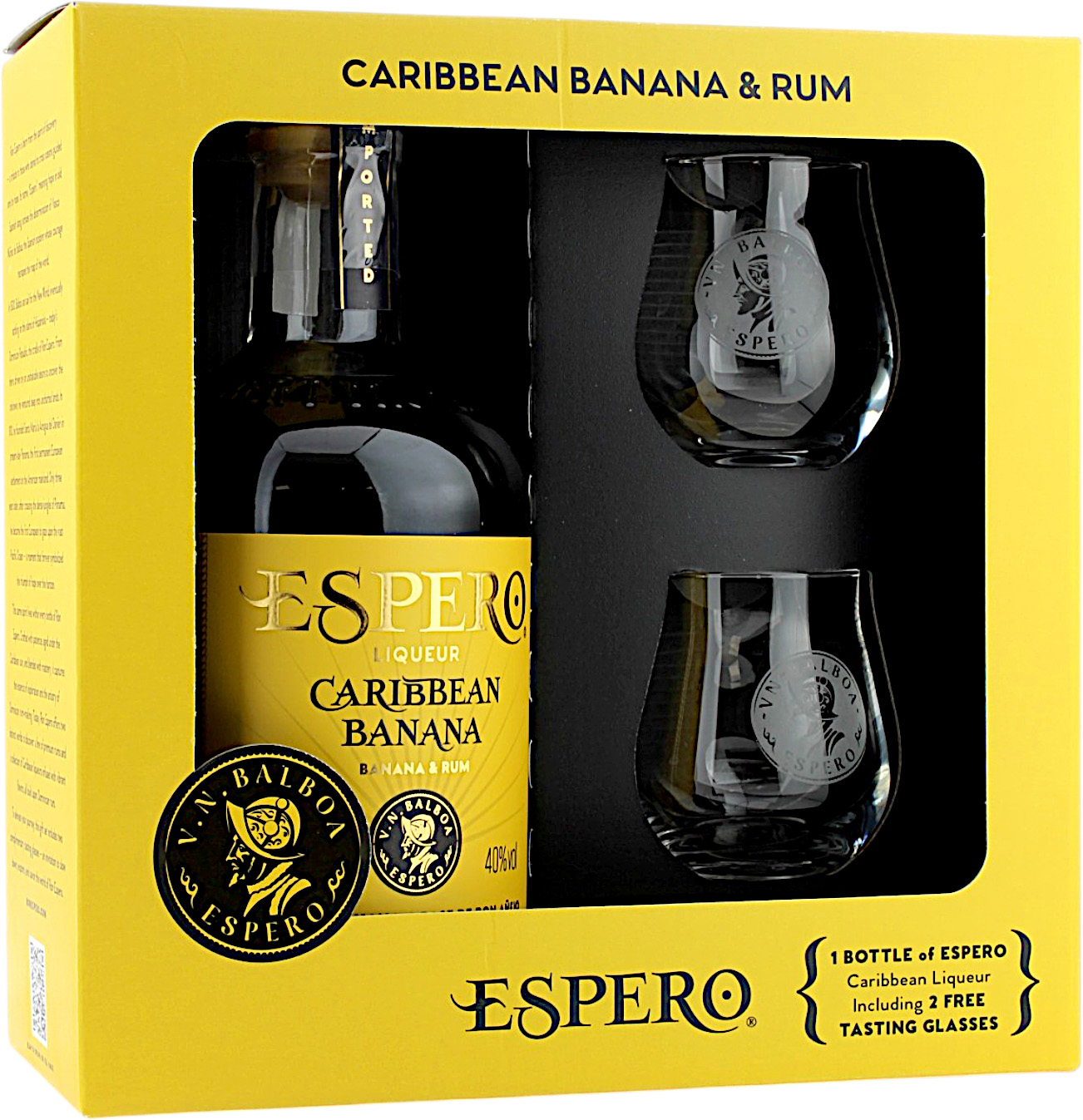 Ron Espero Caribbean Banana & Rum Liqueur Geschenkset mit 2 Gläser 40.0% 0,7l