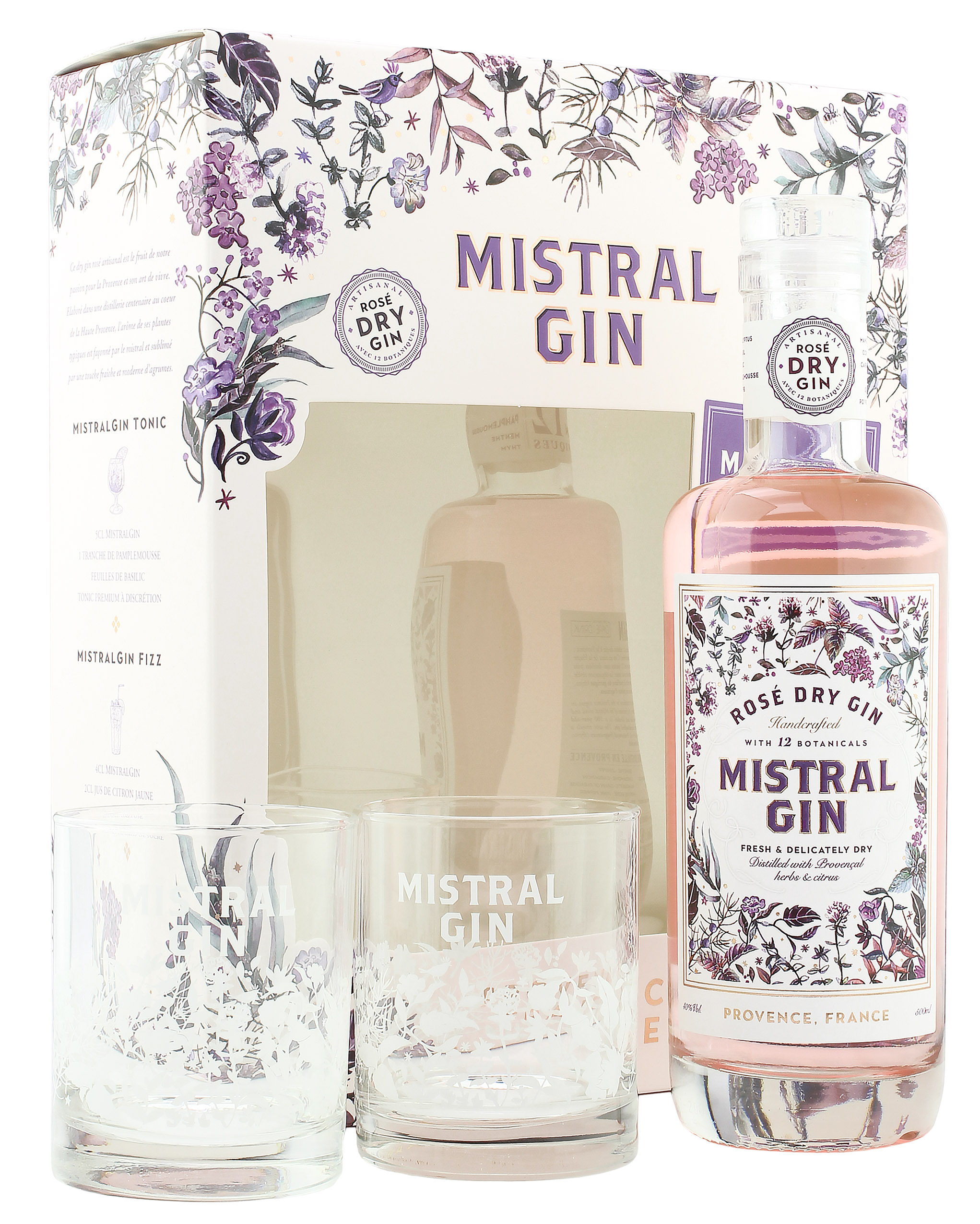 Mistral Rosé Dry Gin Geschenkset mit 2 Gläsern 40.0% 0,5l